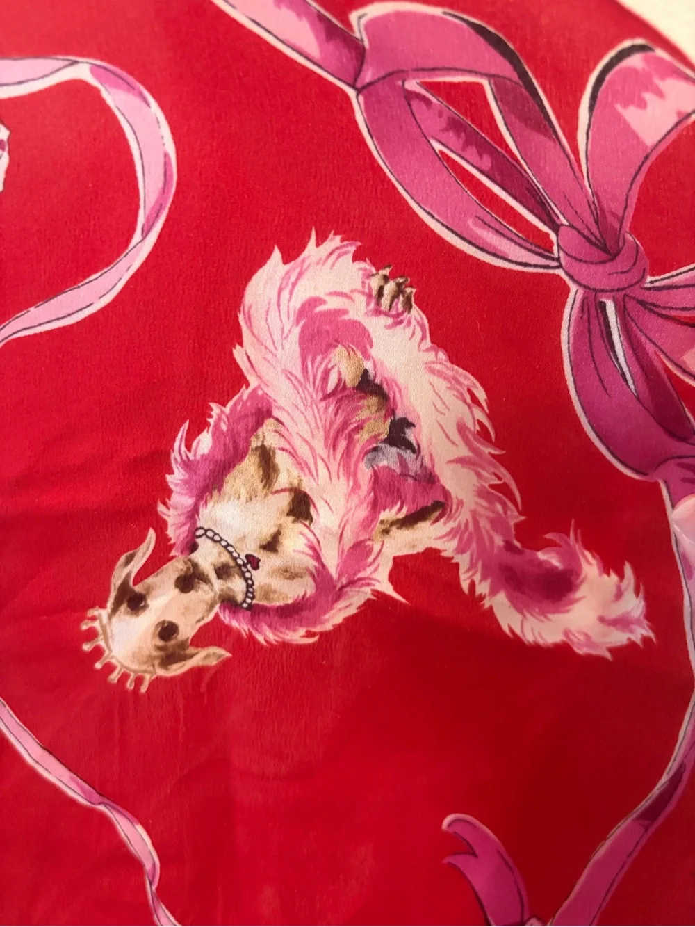 Silk Red Printed Scarf with Ribbon‎ and Floral Motif, Elaine Gold